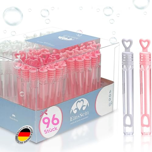 EinsSein 96x Wedding Bubbles White & Pink Heart Tube Set – Pre-Filled Soap Bubble Favors for Guests Kids Party Tubes Heart Wand Bottles for Wedding Baptism Birthday Baby Shower