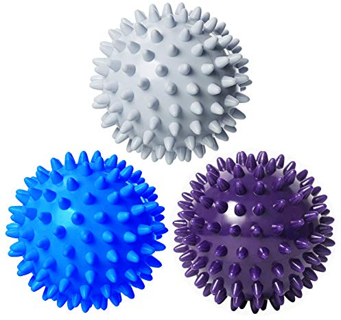 Anvin Spiky Massage Balls Pack of 3 Muscle Roller Lacrosse Balls for Plantar Fasciitis Back Shoulder Pain Relief Foot Muscles, Trigger Point Yoga, Deep Tissue, Stress Reflexology (Silver/Blue/Purple)