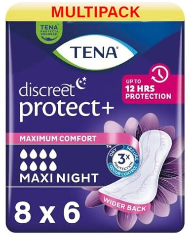 Tena Lady Discreet Maxi Night Lot de 8 packs de 6 serviettes hygiéniques pour incontinence de nuit avec faiblesse vésicale moyenne à forte et spécialement conçue pour la protection nocturne avec dos