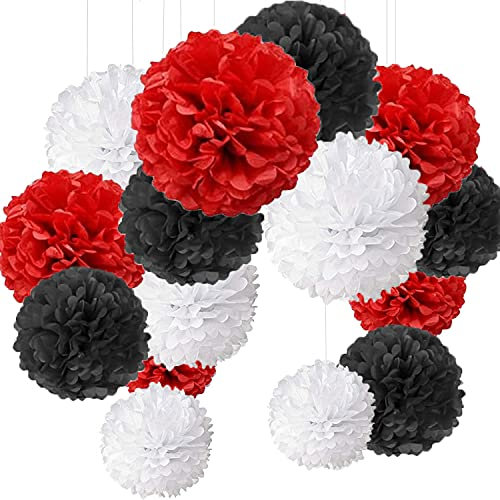 MAKFORT 15er Set Pompoms Deko Bunt Seidenpapier Pompons für Hochzeit, Geburtstag, Party Schwarz Rot Weiß