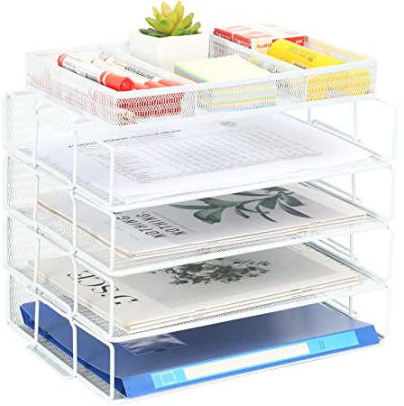 EasyPAG 5 Niveles Metal Malla A4 Bandejas Oficina Apilables Organizador Revistero Almacenamiento Papeles Soporte Archivador Clasificador Documentos Estante Carta,Blanco