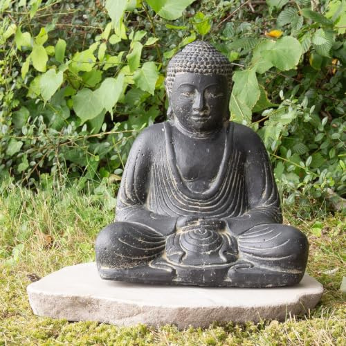 Oriental Galerie Japan Buddha Figur sitzend Skulptur Lotussitz Meditationsgeste Stein Lavasand Bali Steinfigur Garten Deko 30 cm
