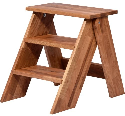 dobar® Green Label 29022FSCe Premium stegpall | Fällbar stege av massivt ekträ | vikbar hopfällbar pall | pall för skörd/hushåll/badrum | 42 x 54 x 45 cm | natur