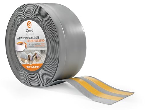 Quest Mjuk Golvlist Självhäftande, Mjuk Sockellist– 100 mm x 25 mm – avslutningslist, bred böjbar list – för väggar, golv – PVC, flexibel, vattentät, dekorativ (Grå, 25m) | Flexibel böjlist och ändlist, tätar väggfogar, vattentäta och UV-resistenta, för badrum, kök och vardagsrum