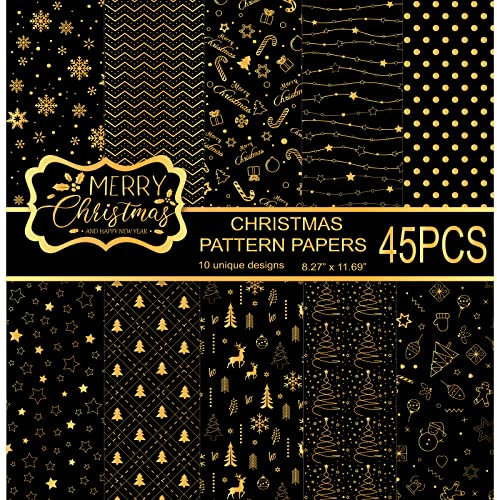 MIAHART 45 Blatt Merry Christmas Pattern Paper Set 10 Designs Festival Dekoratives Bastelpapier doppelseitig für die Kartenherstellung, Scrapbook, A4-Größe, Schwarz und Gold