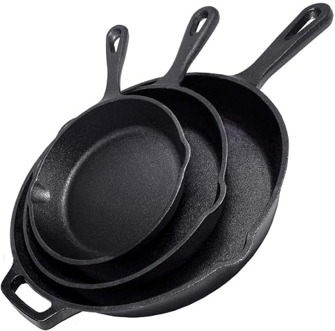 Simple Chef Juego de 3 sartenes de hierro fundido, 30,5 cm, 25,4 cm, 20,3 cm, utensilios de cocina presazonados, calidad profesional, para freír, saltear, cocinar y pizza, color negro