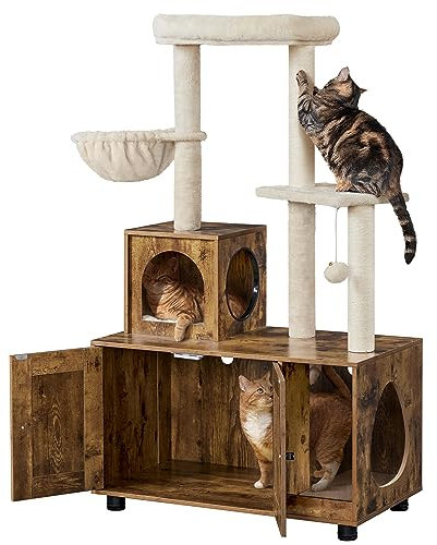 Yaheetech Cat Tree Tower with Litter Box Enclosure, All-in-one Cat Furniture Hidden Kitty Washroom Wooden Kitten House w/Condo, Scratching Posts, Perch Platform