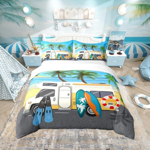 Set di biancheria da letto super king size con copripiumino, per bambini, ragazzi e ragazze, motivo oceano/spiaggia hawaiana/vacanze estive/foglie tropicali/camper, in microfibra