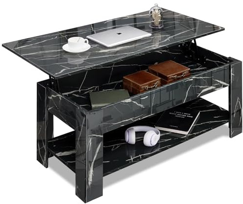 High Gloss Coffee Table with Storage, Lift Top Coffee Table for Living Room, Wood Lifting Coffee Tables with Storage Shelf Rectangular Lift-Up Sofa Tea Table, Black Marble, 120x60x(49.5-62.5) H cm