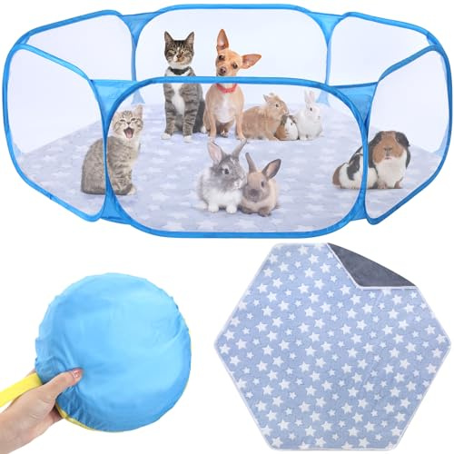 VitalCozy Hamster Playpen with Mat Small Animal Cage Tent Breathable Transparent Guinea Pig Playpen Waterproof Portable Yard Fence Mat Foldable Exercise Playpen Outdoor Indoor (Blue,Star)