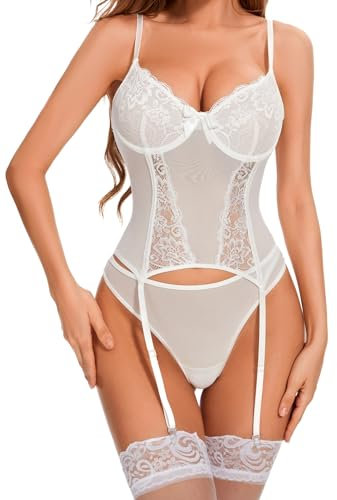 EVELIFE Damen Dessous-Sets mit halterlosen Strümpfen Spitze Sexy Bodysuit Unterwäsche Teddy Babydolls (Weiß,L)