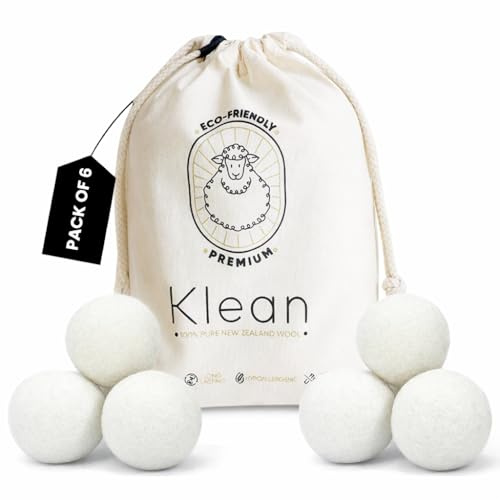 Klean Wool Tumble Dryer Balls | Handmade, Organic, Fabric Softening & Odour-Free | 100% New Zealand Wool Laundry Balls | 1000+ Loads | Reduce Drying Time, Noise, Wrinkles & Static Cling | 6 XL Pack