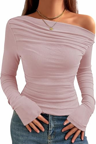 TrendiMax Womens Long Sleeve Sexy Tops Boat Neck Off Shoulder Knit Shirts Ruched Elegant Slim Fitted Blouse T Shirt Pink