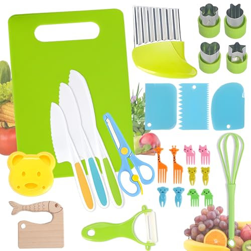 PRZRAO Set di 27 Coltelli da Cucina per Bambini, Montessori Coltello, Coltelli in Plastica per Bambini, Coltello Bambini Montessori Pelapatate per Tagliare e Cucinare Frutta o Verdura