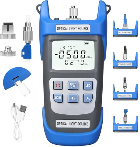 Rechargeable Fiber Optic Light Source A-C1315 Fiber Optic Cable Tester Single-Mode Dual wavelength 1310/1550nm Fiber Optic Power Meter Suitable for SC/FC/ST/LC Interface Equipped with 1 FC-LC Adapter