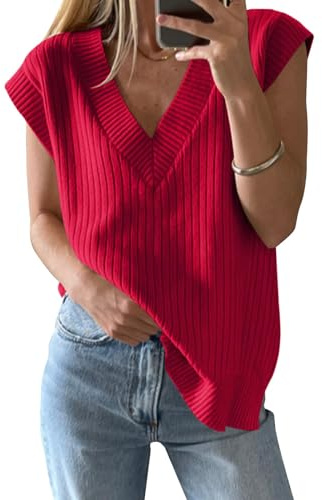 Saodimallsu Jersey de cuello en V para mujer, chaleco de gran tamaño, sin mangas, ligero, jersey de punto de verano, elegante, rojo, XXL