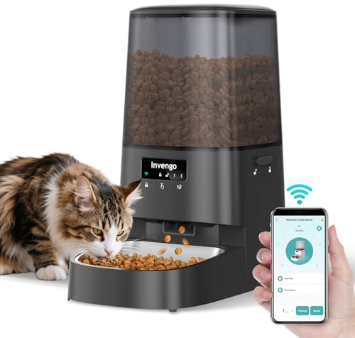 Invengo Distributeur Automatique de Nourriture pour Chats, 5L avec Contrôle via App, Wi-Fi 2,4/5G, Double Alimentation, Portions Programmables, Anti-Bourrage & Fresh-Lock, Bol en Acier Inoxydable, Fac