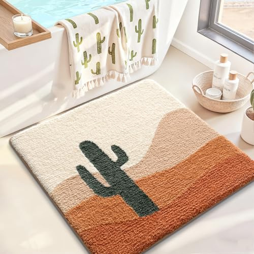 LUMI Bathroom Rugs with Cactus Plant, Square Bathroom Mat, Ultra Soft, Absorbent Quick Dry, Non-Slip Washable Shower Rugs, Luxury Carpet for Shower Floor, Bathtub, Home Decor, 26x26