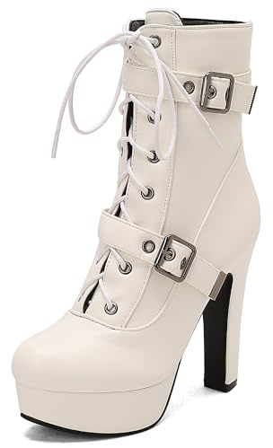 Lroey Reoly Donna Tacco Alto a Blocco Stivaletti con Plateau Punta Rotonda Serata Dx969 Bianco Numero 36 EU