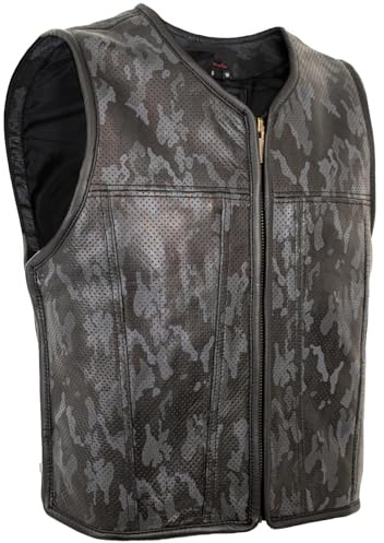 Chaleco de piel para hombre, diseño de camuflaje, color negro y gris, perforado, de auténtica piel de vacuno, ampliable mediante cremallera