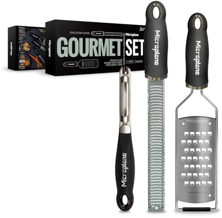 Set regalo Microplane Gourmet 3 pezzi - zester Premium Classic, grattugia ultra-spessa e pelapatate professionale - lame ultra-affilate (USA), manici soft-touch - utensili da cucina ergonomici