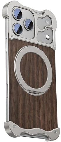 HUHUCASE Oregelbundet format valnötsträ fodral för iPhone 17 Pro Max, med magnetiskt 360° roterande stativ och fyra hörn krockkuddar. (iPhone17air, silver)