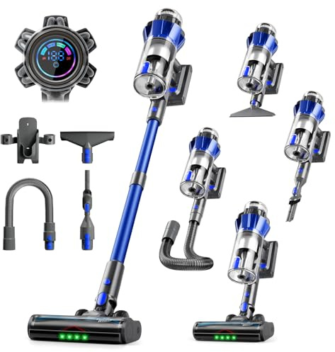 Hearten Aspirapolvere Senza Fili, 70000Pa/ 600W/ 75min/ 1,8L, 4 Livelli Potenza, Display LED Colorato, Rilevamento Polvere, Flessibile Incluso, Filtrazione 8 Livelli, Peli Animali, Pavimenti Duri,Auto