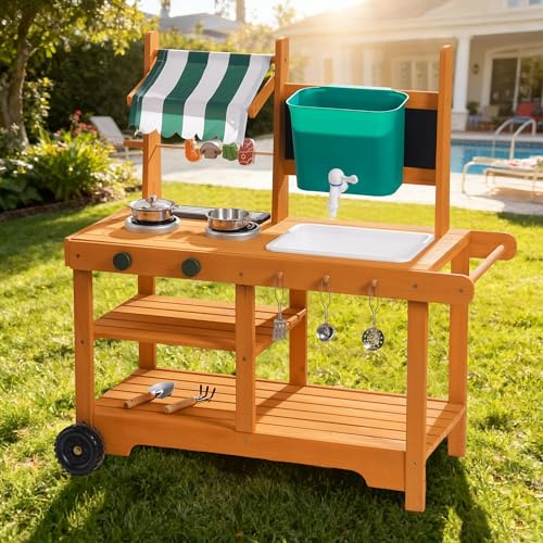 ROBUD Mud Kitchen Outdoor for Kids, Wooden Play Kitchen Toy with Wheels, BBQ Grill, Large Water Tank & Real Faucet, Blackboard, Sink & Storage, Pretend Play Toy Girls Boys Gift Age 3+