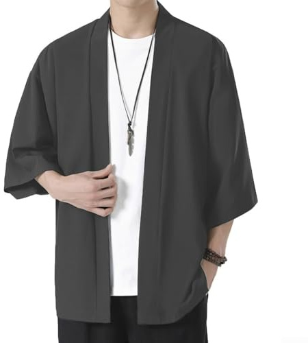Cárdigan tipo kimono para hombre, parte delantera abierta, japonés, yukata, camisa de seda helada, bata suelta para verano, playa, chaqueta casual de manga 3/4, ropa de abrigo tradicional asiática