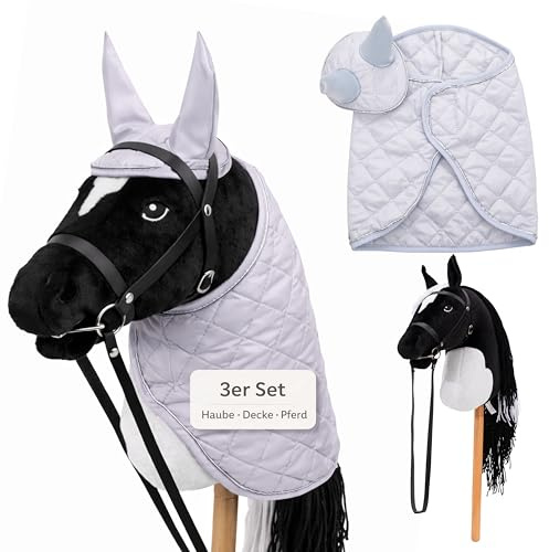 Hoofly® Hobby Horse Set – Caballo grande para niños con manta y capucha | Juego completo de caballos Hobby Horsing con brida y varilla de tornillo de 35 cm | Caballo negro – Accesorios grises