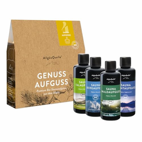 AllgäuQuelle® Saunaaufguss Set Bio 4er Sauna Zubehör 4x100ml Sauna Aufguss - Sauna Set inkl. Karte mit Allgäu Insider-Tipps