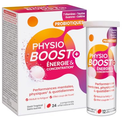 PHYSIOBOOST+ Énergie & Concentration – Performances Mentales, Physiques, Fatigue - Avec Probiotiques, Guarana dont Caféine, 7 Vitamines - Sans Sucre - Goût Tropical - 24 Comprimés Effervescents