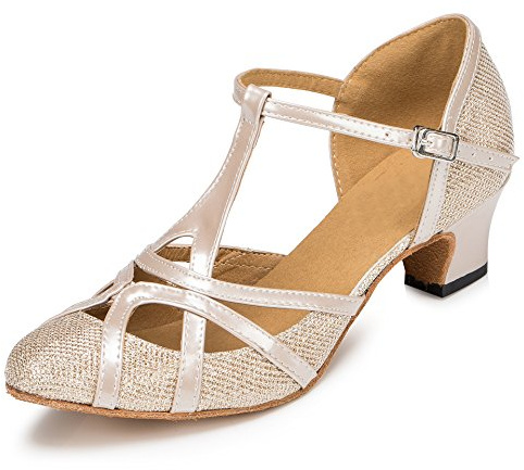 MINITOO Latinamerikansk salsa T-rem stängd tå syntetisk balsal dansskor kväll bröllopspumpar, Th101 Champagne 5 cm klack, 38.5 EU