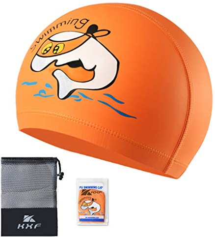 Kids Swimming Cap, KXF Swimming Hats Waterproof PU Bathing Cap Care Ear Protection Elastic Swim hat with Coating Cartoon Pattern for Children Kids Boys Girls Age 6-10