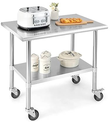 COSTWAY Edelstahl Arbeitstisch Küche, Edelstahltisch mit Höhenverstellbarer Ablage & 4 Universalrädern, 250 kg Tragkraft, 91,5x61x88,5cm, Küchentisch Zerlegetisch Tisch, Zubereitungstisch Bar
