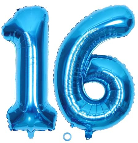 SNOWZAN Ballon Gonflable Géant à l'Hélium Numéro 16 - Bleu - Décoration d'Anniversaire - Grands Chiffres - Taille XXL - Happy Birthday 32 Pouces