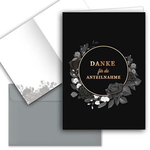 10 Danksagungskarten Trauer mit Umschlag Dankeskarte Klappkarten Trauerkarten Danksagungskarte Kondolenzkarten Danke Beerdigung Anteilnahme Kondolenzkarte stilvoll schwarz Rose Rosen