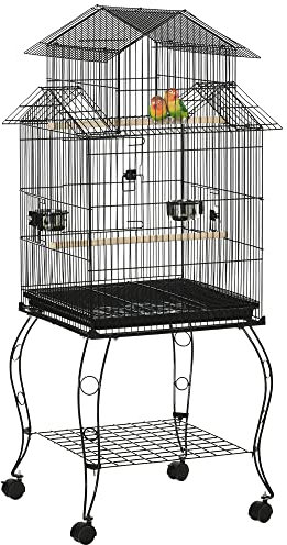 PawHut Gabbia per Uccelli da Interni in Acciaio e Legno con Vassoio Estraibile, 4 Ruote, Trespolo e Contenitore per Alimenti, 50x49x137cm, Nero