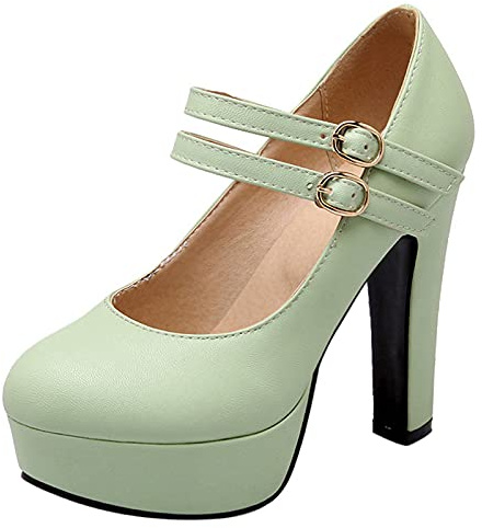 Escarpins Habillés Femme, Mary Jane Bloc Elegant Chaussures de Soirée Talons Hauts Bout Rond avec Plateforme Boucle Vert Taille 44 EU