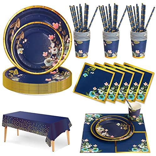 Nkaiso 126 Pcs Blue Party Plates Cups and Napkins Set for 25 Guests
