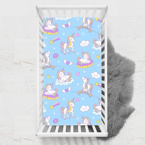 Odot Spannbettlaken für Kinderbett, Einhorn Druck Kinderwagen Matratzenbezug, Weiche Babybett Spannbetttuch Stubenwagen Bezug, Beistellbett Spannbettlaken (70x140 cm,Blau)
