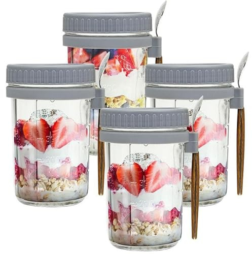 Home & Treat 4pcs Glass Overnight Oats Jars with Lids and Spoon, Mason Jar 10oz, Measurement Marks, Preserve Jar Best Experience Containers