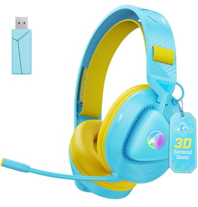 Awinnasey Cuffie Gaming Wireless con microfono, Cuffie da gioco Bluetooth sopra l'orecchio con luci RGB, 2,4 GHz Cuffie da gioco wireless per PS5, PS4, Switch, PC, Mac, Blu Giallo