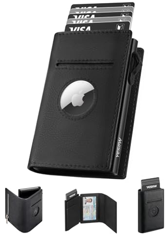 YESIIW AirTag Portafoglio da Uomo per Apple Air Tag, con Blocco RFID, Portafoglio Uomo Pelle, con Porta Carte di Credito Pop-up con Tasca per Monete per Soldi, Apple Airtag 2 Generazione & 1 (Nero)