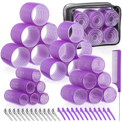 obeoby 4 Sizes Rollers Hair Curlers, 50 Pcs Set Jumbo Hair Rollers 25mm 36mm 48mm 60mm Self-Grip Hair Rollers with Clips, Curlers for Women Long, Short Hair and Bangs (Purple)