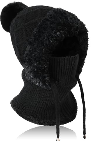 TAGVO Women's Winter Warm Knitted Cap with Neck Warmer, Slouch Adjustable Knit Beanie Hat with Hairball, Winter Woolly Hat with Warm Fleece Linning, Windproof Balaclava Snood Hood Hat For Women, Black