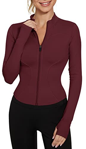 IECCP T-Shirt Damen Sport Laufshirts Yoga Crop Top Langarm Sportshirt Leicht Fitness Workout Gym Oberteil mit Daumenloch Weinrot M