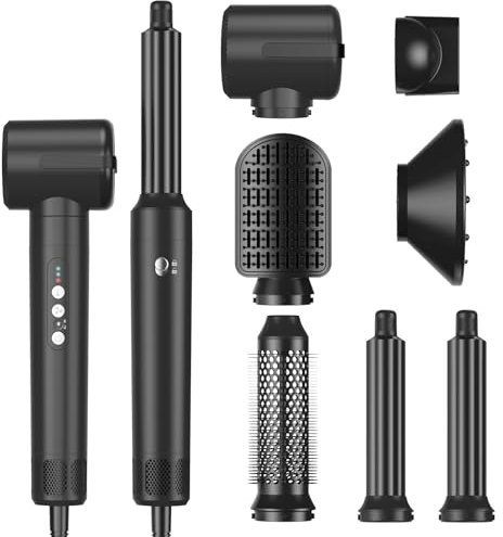 7-in-1 Air Styler, 110000 RPM High-Speed Negative Ionic Hair Dryer with Left and Right Curling Barrel, Straightening Comb, Wind Hood, Concentrator and Curlng Comb, Air stylers for Women - Black