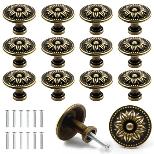 Deepton 12 Stück Möbelknöpfe Vintage Set, 30mm Schrankknöpfe Vintage, Blumen Muster Runde Knauf für Schrank, Schubladenknöpfe mit Schrauben, Kommodenknöpfe für Küchenschrank Schubladen
