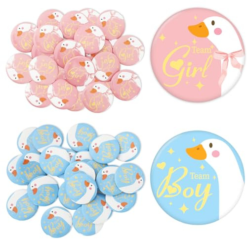 Whaline 50 Pcs Gender Reveal Button Pins Silly Goose Team Boy or Girl Badges Pink Blue Brooch for Baby Shower He or She Sex Reveal Birthday Party Game Supplies